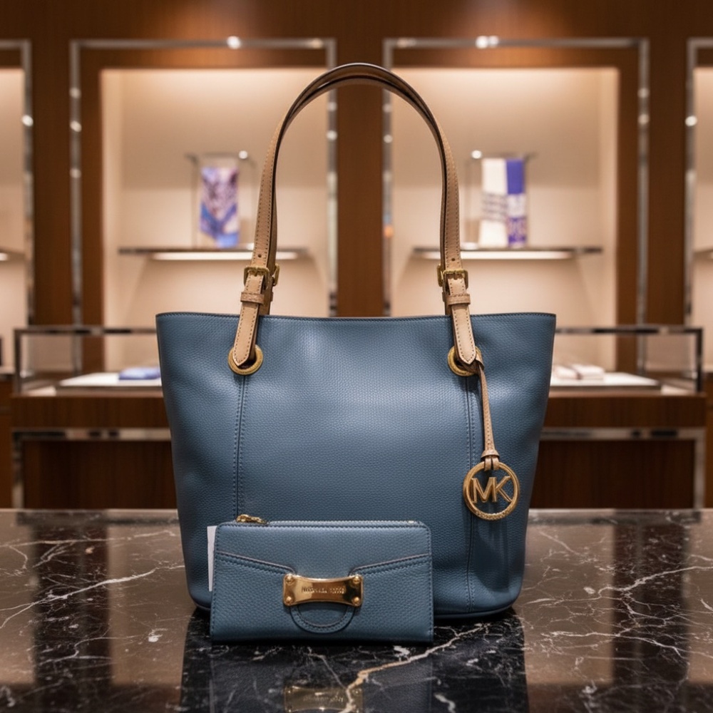 NEW Michael Kors Jet Set Blue Medium Leather Tote + Wallet